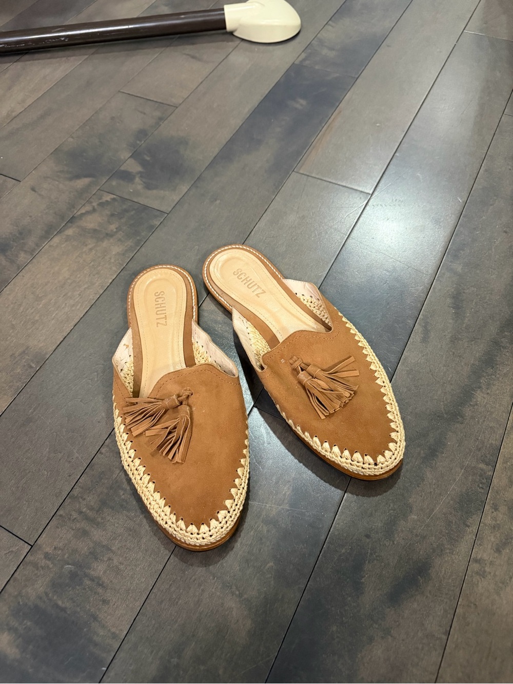 SCHUTZ Tan Suede Tassel Mule Size 11